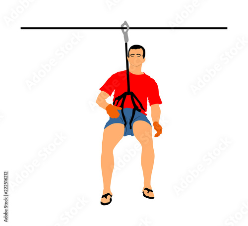Extreme sportsman took down with rope. Man climbing vector illustration, isolated on white. Sport weekend zipline action in adventure park rope ladder. Ropeway for fun, team building. Rescue mission.