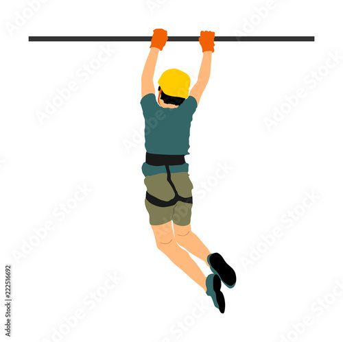 Extreme sportsman took down with rope. Boy climbing vector illustration, isolated on white. Sport weekend zipline action in adventure park rope ladder. Ropeway for fun, team building. Rescue mission.
