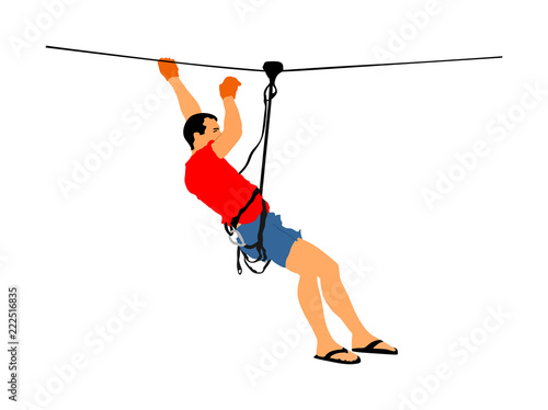 Extreme sportsman took down with rope. Man climbing vector illustration, isolated on white. Sport weekend zipline action in adventure park rope ladder. Ropeway for fun, team building. Rescue mission.