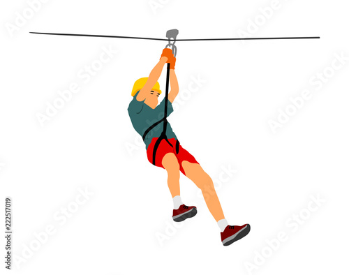 Extreme sportsman took down with rope. Boy climbing vector illustration, isolated on white. Sport weekend zipline action in adventure park rope ladders. Ropeway for fun, team building. Rescue mission.