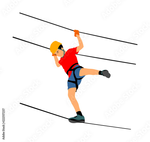Extreme sportsman took down with rope. Boy climbing vector illustration, isolated on white. Sport weekend zipline action in adventure park rope ladders. Ropeway for fun, team building. Rescue mission.