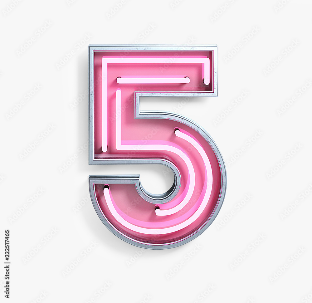 Bright Neon Font with fluorescent pink tubes. Number 5. Night Show Alphabet. 3d Rendering Isolated on White Background. Bright Neon Font with fluorescent pink tubes. Number 5. Night Show Alphabet. 3d Rendering Isolated on White Background.