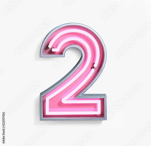 Bright Neon Font with fluorescent pink tubes. Number 2. Night Show Alphabet. 3d Rendering Isolated on White Background.