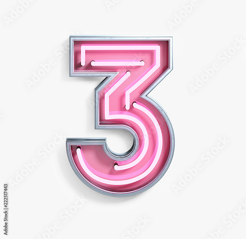 Bright Neon Font with fluorescent pink tubes. Number 3. Night Show Alphabet. 3d Rendering Isolated on White Background.