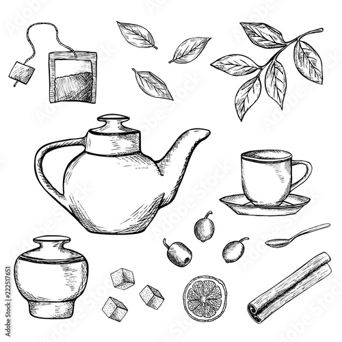Set of hand drawn tea icons isolated on white background. Sketched teapot, cup, tea leaves, sugar bowl etc. Black and white vector illustration
