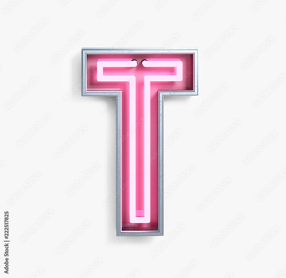 Bright Neon Font with fluorescent pink tubes. Letter T. Night Show Alphabet. 3d Rendering Isolated on White Background. Bright Neon Font with fluorescent pink tubes. Letter T. Night Show Alphabet. 3d Rendering Isolated on White Background.
