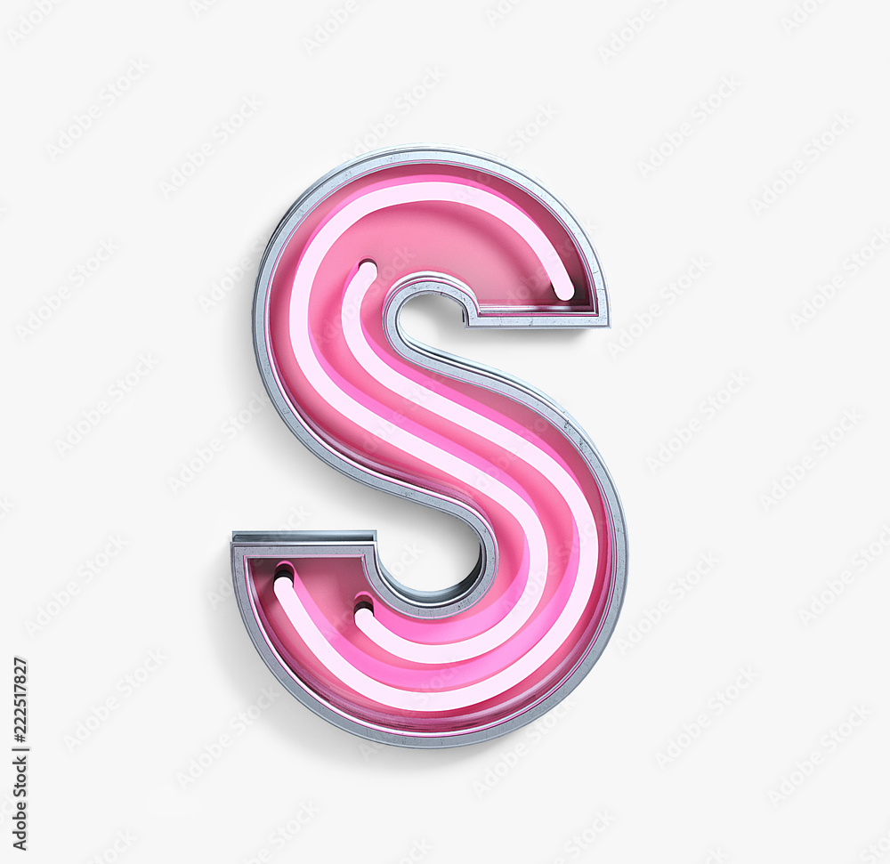 Bright Neon Font with fluorescent pink tubes. Letter S. Night Show Alphabet. 3d Rendering Isolated on White Background. Bright Neon Font with fluorescent pink tubes. Letter S. Night Show Alphabet. 3d Rendering Isolated on White Background.