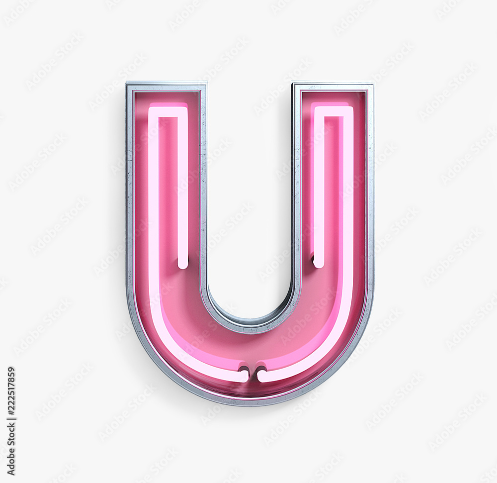 Bright Neon Font with fluorescent pink tubes. Letter U. Night Show Alphabet. 3d Rendering Isolated on White Background. Bright Neon Font with fluorescent pink tubes. Letter U. Night Show Alphabet. 3d Rendering Isolated on White Background.