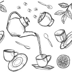 Papier peint photo Thé patrons Seamless pattern with hand drawn tea icons. Flying and falling sketched teapot, cups, tea leaves etc. Black and white vector illustration  © lilkin