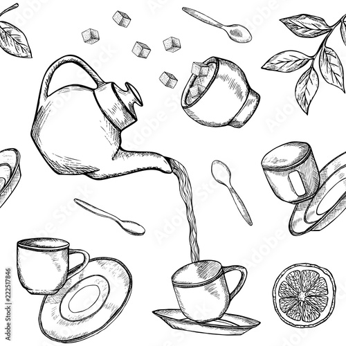 Seamless pattern with hand drawn tea icons. Flying and falling sketched teapot, cups, tea leaves etc. Black and white vector illustration
