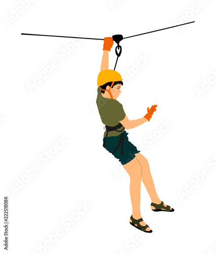 Extreme sportsman took down with rope. Boy climbing vector illustration, isolated on white. Sport weekend zipline action in adventure park rope ladder. Ropeway for fun, team building. Rescue mission.
