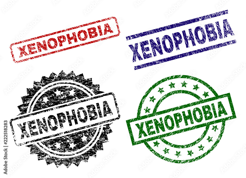 XENOPHOBIA seal prints with damaged surface. Black, green,red,blue vector rubber prints of XENOPHOBIA caption with corroded surface. Rubber seals with round, rectangle, medallion shapes. XENOPHOBIA seal prints with damaged surface. Black, green,red,blue vector rubber prints of XENOPHOBIA caption with corroded surface. Rubber seals with round, rectangle, medallion shapes.