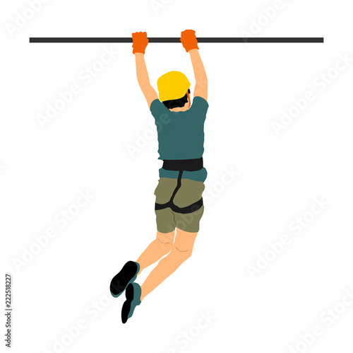 Extreme sportsman took down with rope. Boy climbing vector illustration, isolated on white. Sport weekend zipline action in adventure park rope ladder. Ropeway for fun, team building. Rescue mission.