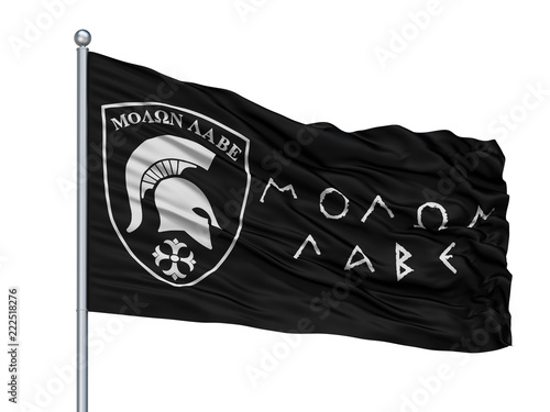 Molon Labe Isolated Flag on Flagstaff, White Background, 3D Rendering photo
