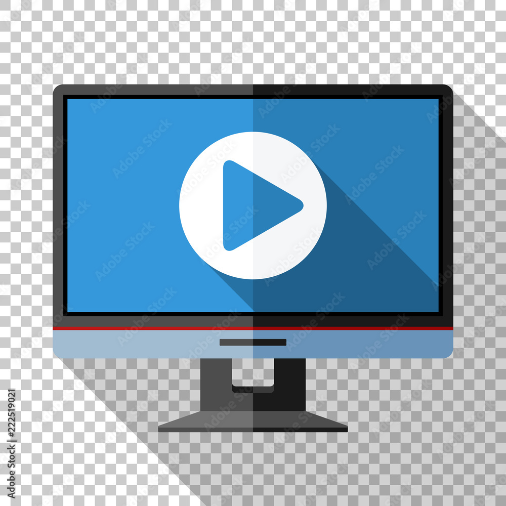 Monitor icon in a flat style with a play button on the screen and a long shadow on a transparent background Monitor icon in a flat style with a play button on the screen and a long shadow on a transparent background