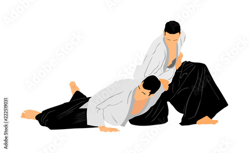 Fight between two aikido fighters vector symbol illustration. Sparring on training action. Self defense, defence art excercising concept. Karate and aikido fighters. Traditional warriors skills.