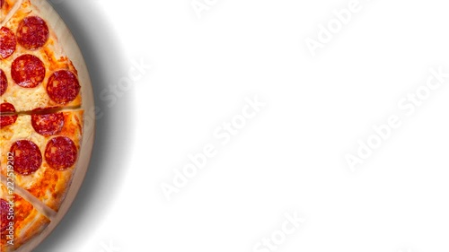 Single image of a pepperoni pizza on a white background. Background video.
 