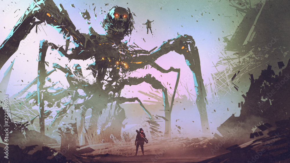 the man facing the giant spider robot, digital art style, illustration  painting ilustración de Stock | Adobe Stock