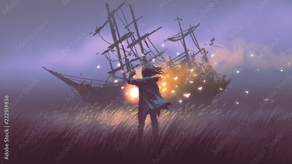 Obraz premium nocna sceneria mężczyzny z magiczną latarnią stojącą w polu patrząc na wrak, cyfrowy styl sztuki, malowanie ilustracji