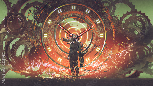 Photo cyborg man standing on cogs gears wheels steampunk elements backgound, digital a