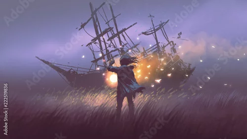 Obraz scenerii nocy człowieka z magiczną latarnią stojącego w polu, patrząc na wrak statku, styl sztuki cyfrowej, malowanie ilustracji