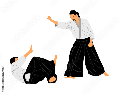 Fight between two aikido fighters vector symbol illustration. Sparring on training action. Self defense, defence art excercising concept. Karate and aikido fighters. Traditional warriors skills.
