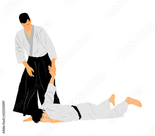 Fight between two aikido fighters vector symbol illustration. Sparring on training action. Self defense, defence art excercising concept. Karate and aikido fighters. Traditional warriors skills.