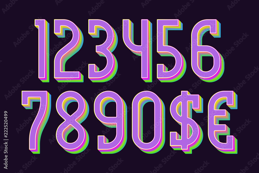 Spectrum colored numbers with dollar and euro symbols in iridescent vibrant style. Spectrum colored numbers with dollar and euro symbols in iridescent vibrant style.