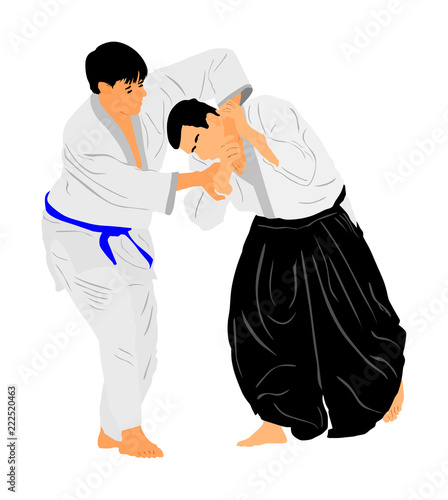 Fight between two aikido fighters vector symbol illustration. Sparring on training action. Self defense, defence art excercising concept. Karate and aikido fighters. Traditional warriors skills.