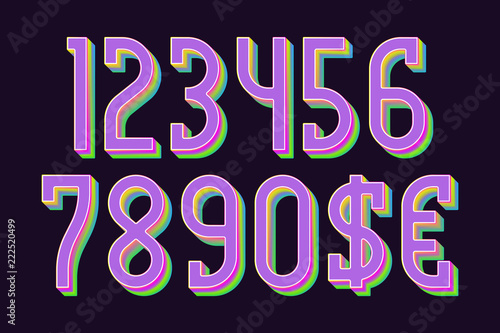 Spectrum colored numbers with dollar and euro symbols in iridescent vibrant style.