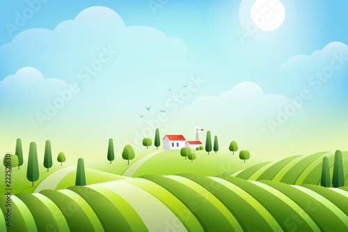 Morning rural landscape with house
