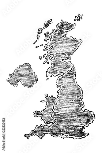 Hand drawn map of United Kingdom painted with pencils. Black and white vector illustration isolated on white background.