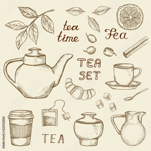 Set of hand drawn tea icons isolated on vintage background. Sketched teapot, cup, milk, dessert etc. Vector illustration in retro style