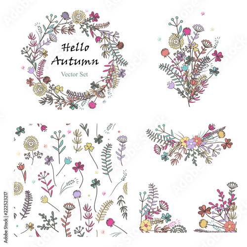 Doodle set with floral design elements and seamless patterns