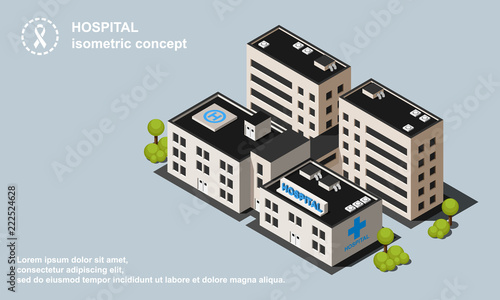 Hospital with helipad isometric vector illustration.