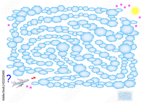 Logic puzzle game with labyrinth for children and adults. Help the plane find the way between clouds till sun. Vector cartoon image.