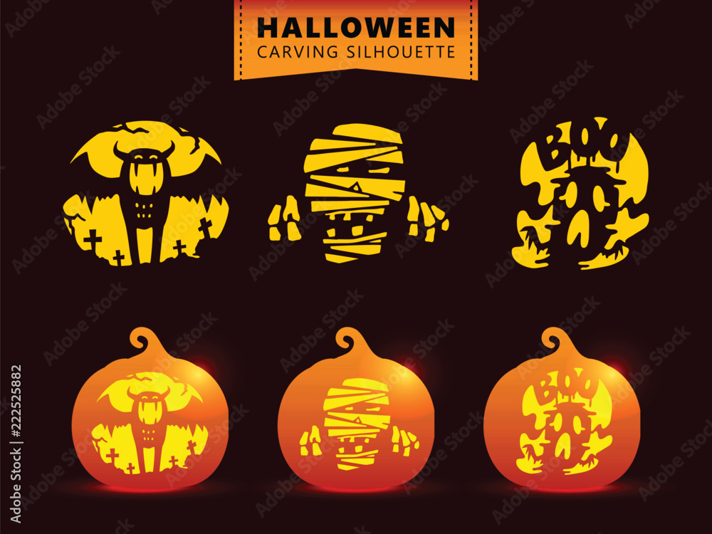 Set of silhouette pumpkin carving character template. Bat, mummy, ghost.  Stock Vector | Adobe Stock