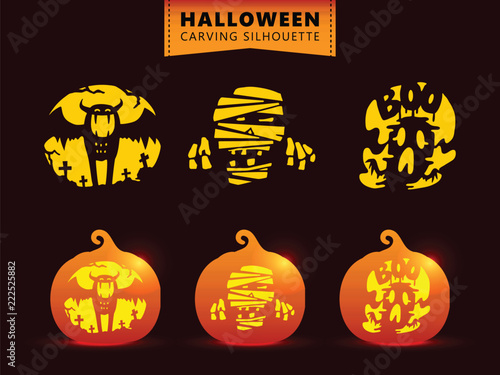 Set of silhouette pumpkin carving character template. Bat, mummy, ghost.