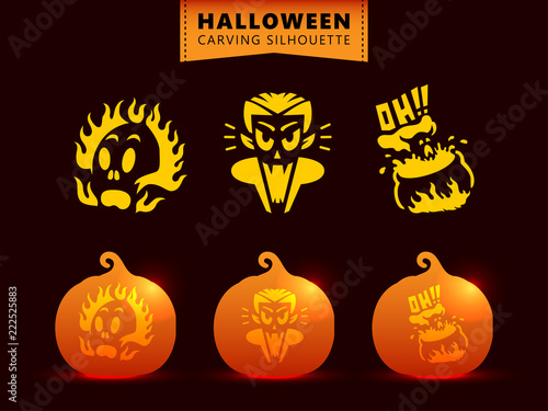 Set of silhouette pumpkin carving character template. burned skull, vampire dracula, kettle witch