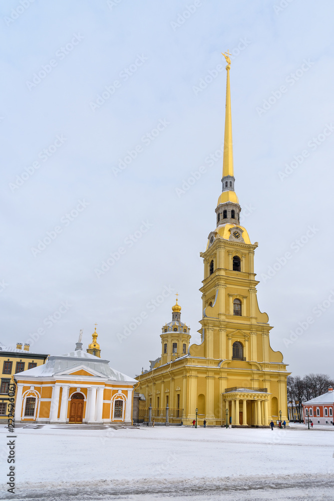 Peter and Paul Cathedral on island in center of Fortress in winter. Saint Petersburg, Russia