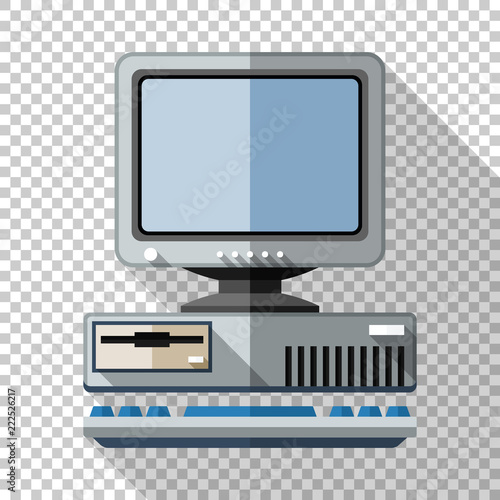 Retro computer icon with keyboard and CRT monitor in flat style with long shadow on transparent background