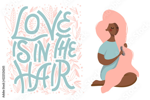 flat vector illustration of pink-haired girl with lettering - love is in the hair