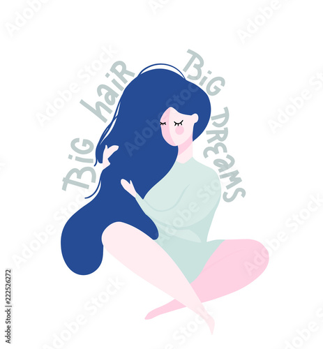 flat vector illustration of blue-haired woman with lettering- big hair big dreams
