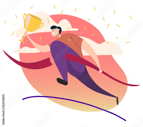 hand drawn vector of man holding gold award cup and  running
