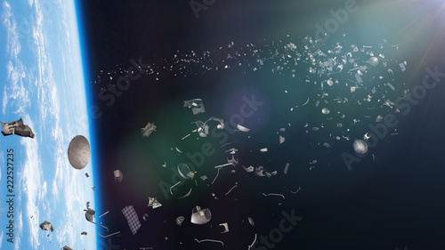Fototapeta Naklejka Na Ścianę i Meble -  space trash in Earth orbit, dangerous debris orbiting around the blue planet