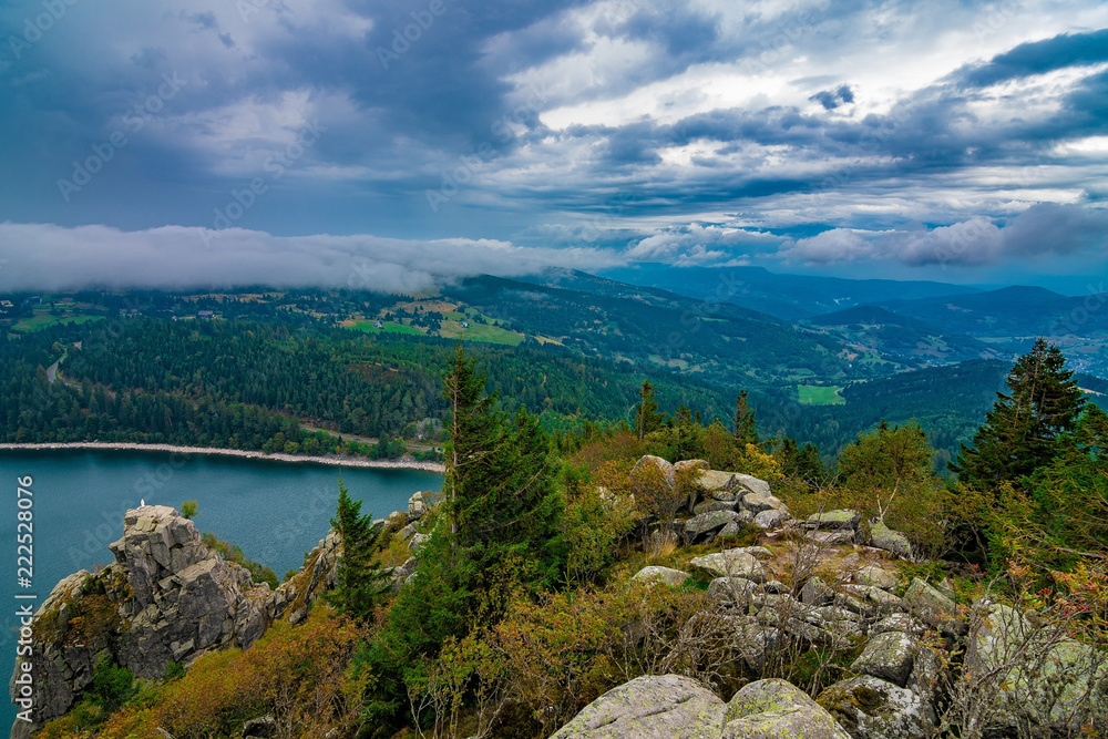 Obraz premium The View down on the Sea inside the Forest with some dark clouds on a rainy day. Vosges, France, September 2018