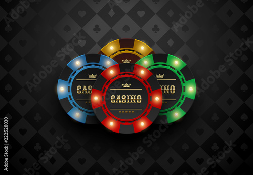 Vector red green blue yellow casino poker chip with luminous light elements. Black silk card suits background. Blackjack or online casino web banner, logo or poster.
