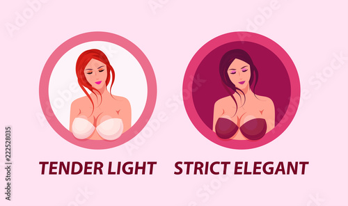 Beautiful Drawn Ladies in Bra. Vector set of round emblem in light and dark colors. Illustrations for Bra and Swimsuit Shop