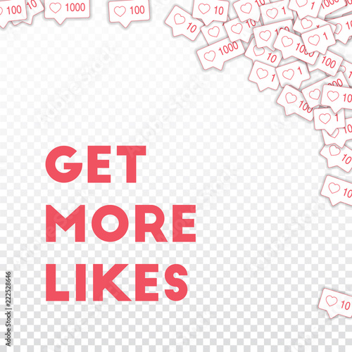 Social media icons. Get more likes concept. Falling pink like counter. Impressive abstract right top