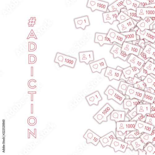 Social media icons. Social media addiction concept. Falling counter comment friend notification. Sca